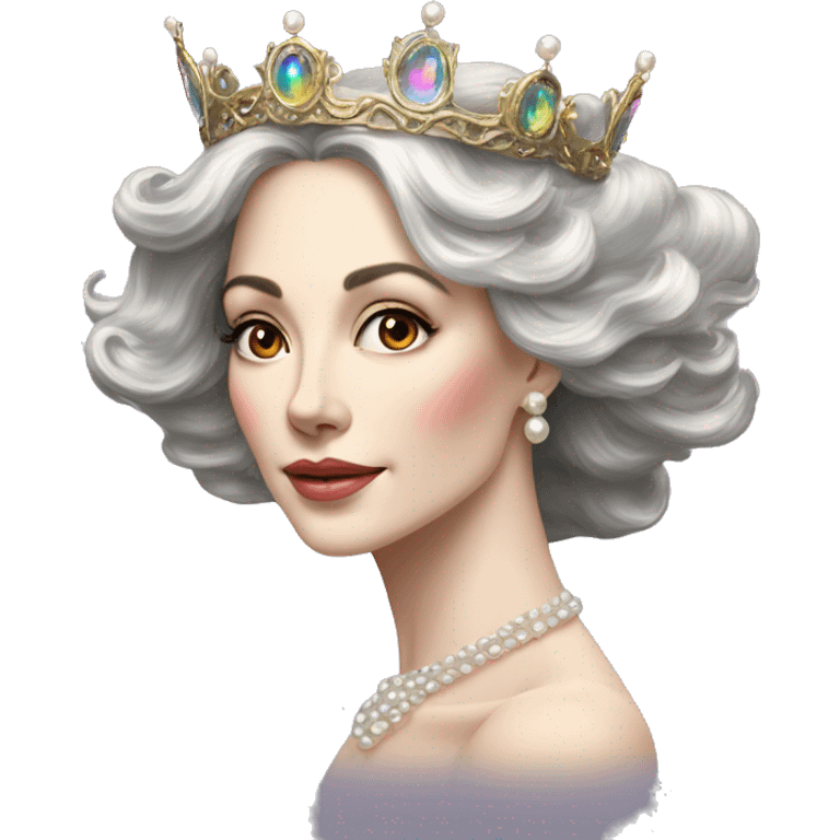 Regal pretty slender middle age woman photograph defined cheekbones high cheekbones crown vintage with very long iridescent black and silver hair wavy long hair pearl crown iridescent emoji