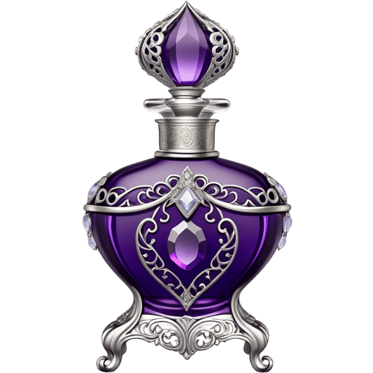 A luxurious French vintage-style perfume bottle in deep purple, with an ornate crystal stopper and intricate silver filigree detailing. The bottle has an elegantly curved shape, reminiscent of classic 18th-century perfume designs. It sits atop a delicate lace-covered vanity table, surrounded by pearls and antique silver accessories. Soft candlelight casts a warm, romantic glow, highlighting the rich texture of the glass and metallic accents emoji