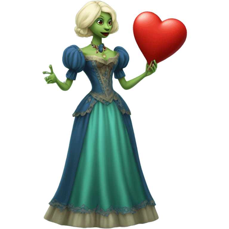 "galora green blonde alien woman" in blue Victorian dress elegant, full body, holdig red big hearth emoji