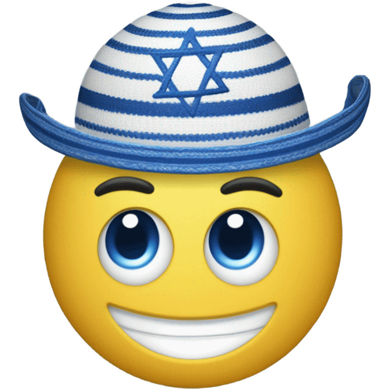 Create an emoji-style smiley face wearing a traditional Jewish kippah and a tallit, incorporating Mexican cultural influences. The face should have a warm, friendly expression. Add elements like vibrant colors, decorative patterns inspired by Mexican art (such as Talavera or papel picado designs), and possibly a subtle sombrero blend with the kippah. The tallit should have blue and white stripes but can feature a hint of Mexican embroidery. The overall aesthetic should be cheerful and culturally harmonious." emoji