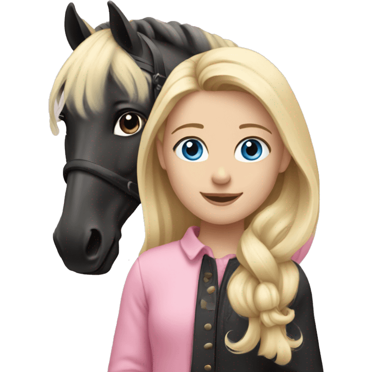 blonde girl with blue eyes wearing pink playing with her black horse emoji