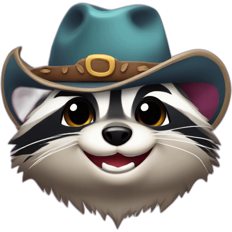 Raccoon in cowboy hat smiling with tears in eyes holding eggplant emoji