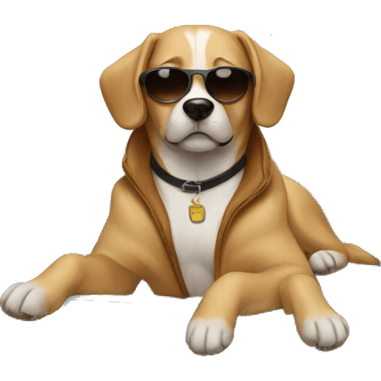 Dog with sunglasses and wearing a coat laying on the couch  emoji