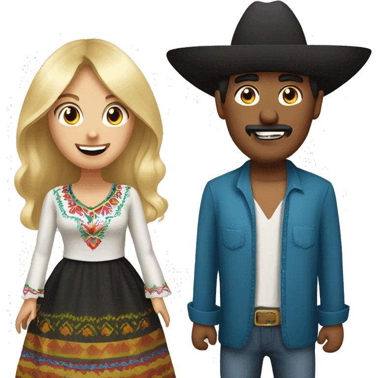 Mexican man with long hair, black eyes and sombrero having fun with russian woman with blonde hair, bangs, blue eyes emoji