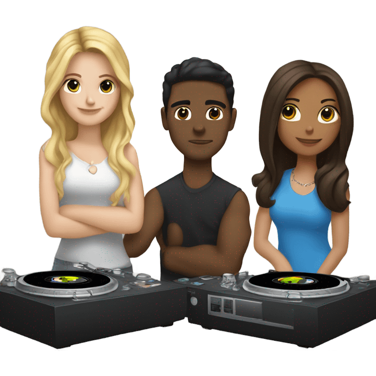 3 people: a white girl with dark hair, a brown girl, and a white guy behind DJ turntables together emoji