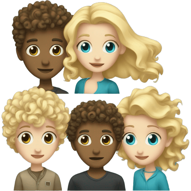 A teal eyed, blonde boy and a curly haired , blue eyed girl kissing emoji