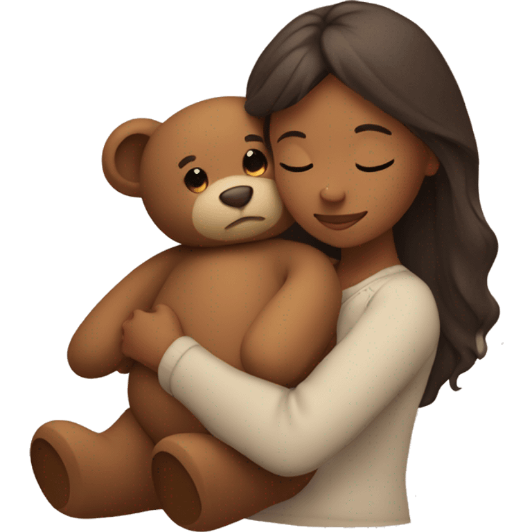 Brown woman hugs a cute teddy bear emoji