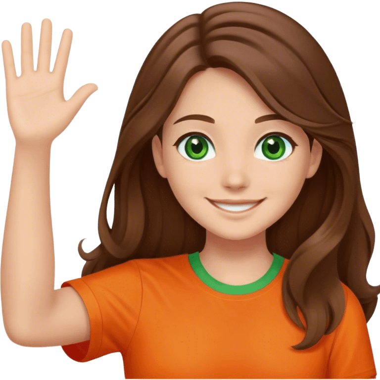 smiling girl with brown hair, long hair, middle hair part, waving, green eyes, orange shirt emoji