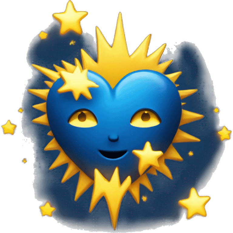 Dark blue heart with yellow suns and moons with a gold glow around it  emoji