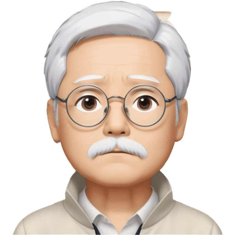 ​Cinematic Realistic Portrait of Hayao Miyazaki, depicted with striking white hair, defined black eyebrows, and large rectangular glasses, his thoughtful expression rendered in lifelike detail against a background of whimsical Studio Ghibli-inspired sketches, illuminated with soft, realistic lighting that emphasizes his creative genius, emoji