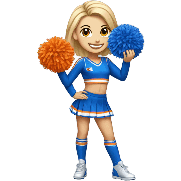 Caucasian Cheerleader with orange and blue Pom poms  in her hand and a “K1” on Uniform emoji