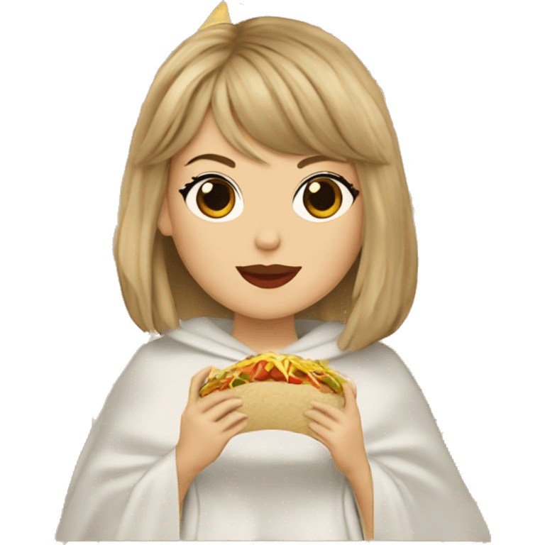 Taylor swift wearing a poncho and eating a taco emoji