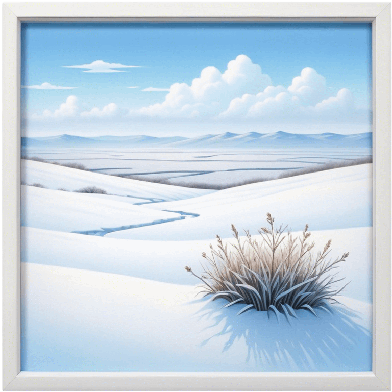 Cinematic Realistic Tundra Emoji in a wooden frame, Vast and cold, with wide expanses of snow-covered ground, sparse grasses poking through, and the occasional hardy shrub breaking up the pale white landscape. The sky above is a pale, frosty blue, and the light reflects off the snow, creating a serene yet starkly beautiful environment. Soft glowing outline, capturing the essence of a quiet, still, frozen wilderness where life endures despite the harsh conditions. emoji