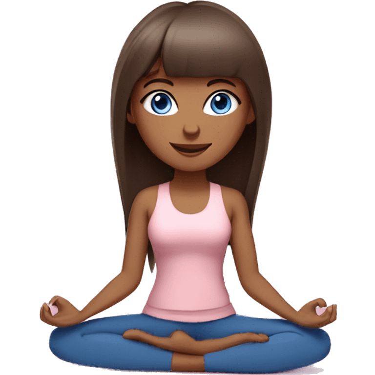 brunette with bangs and blue eyes yoga girl light pink clothes sitting on yoga mat emoji