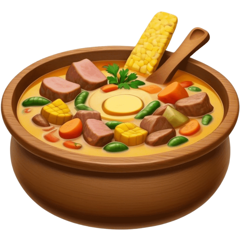 Cinematic Realistic Sancocho Soup Dish Emoji, featuring a rich, hearty stew with diverse meats and vegetables rendered with lifelike detail and warm, comforting lighting. emoji