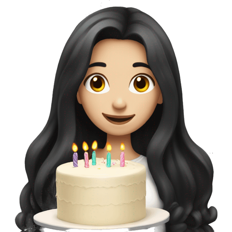 Pale girl with long black hair celebrating with cake  emoji