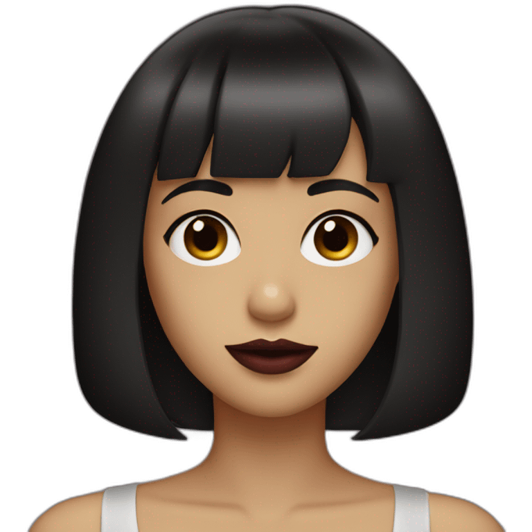 a girl with a dark bob and bangs, burgundy lips. emoji