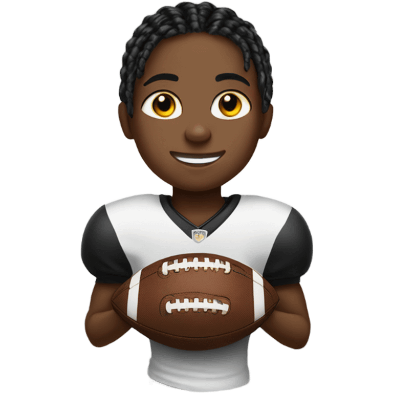 black boy with medium length braids holding a black and white round football  emoji