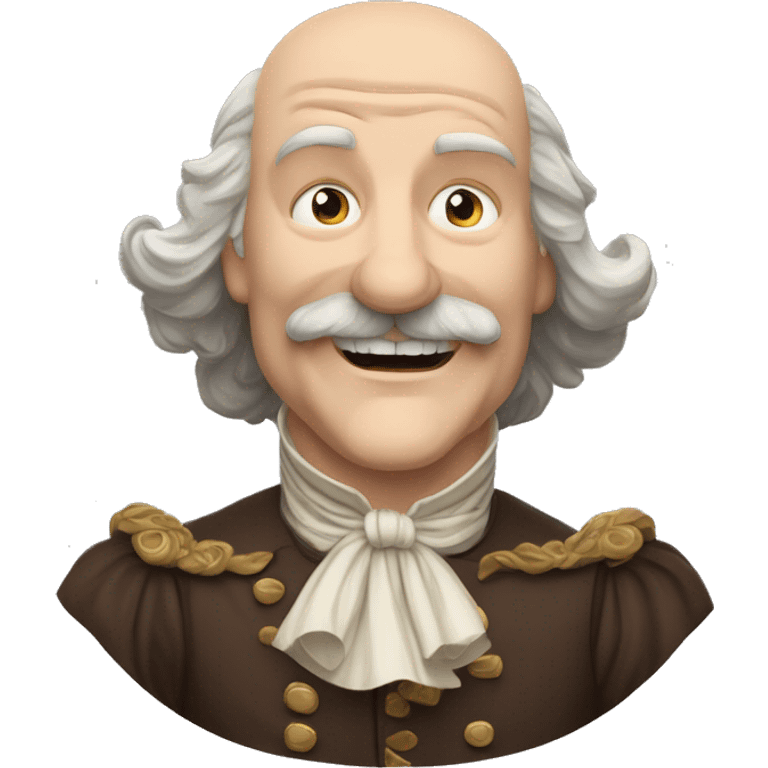 Short pudgy old man over enthusiastic happy excited face bald forehead long wavy gray and brown brunette long wavy hair moustache Shakespearean dress vintage clothes hamlet small arms emoji