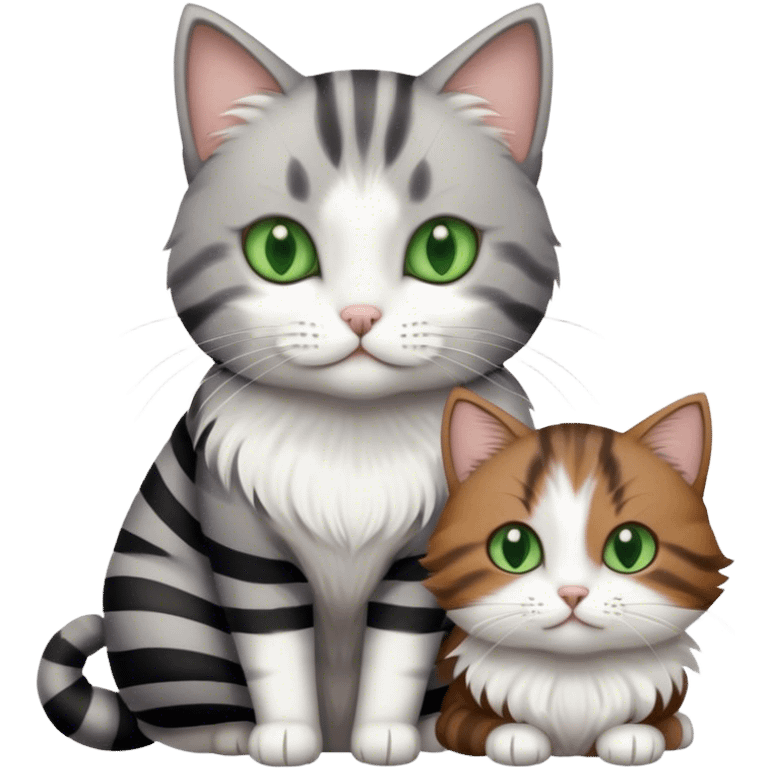 Grey and white cat next to a brown and black striped with white fluffy fur cat. Both cats have green eyes   emoji