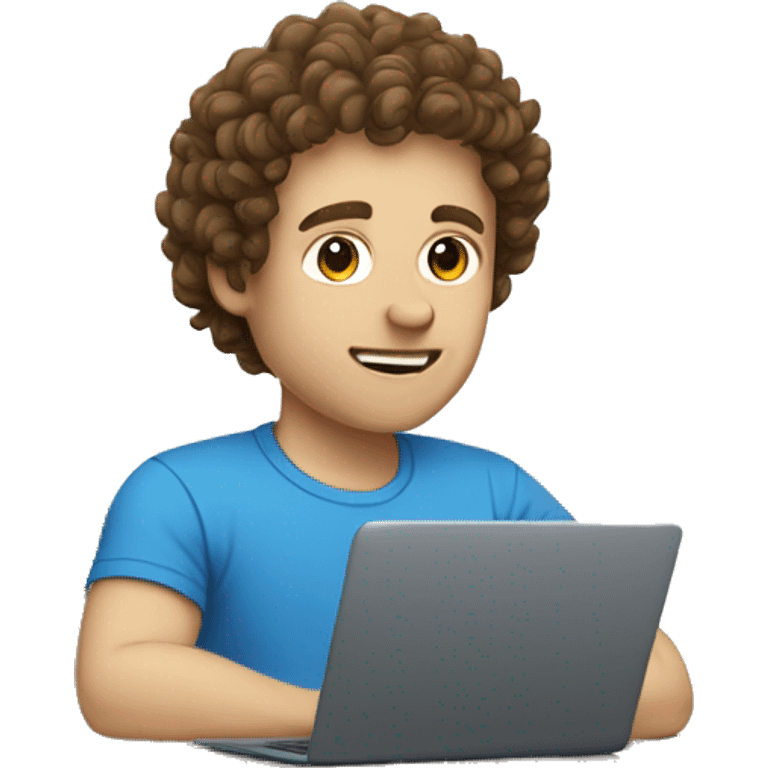 guy with curly brown hair, pale skin, blue t-shirt, sitting at a laptop emoji