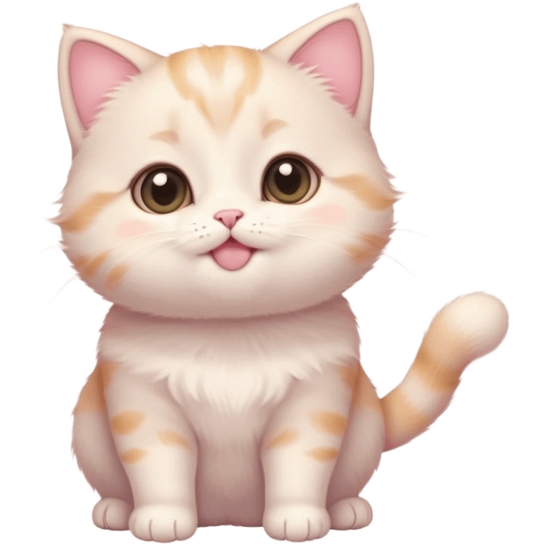 Cinematic chubby pastel kitten, big round eyes full of wonder, tiny paws reaching up, soft fluffy fur glowing in warm light, delicate heart-shaped nose, irresistibly cute and snuggly. emoji