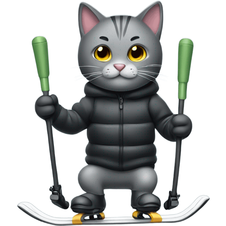 Grey black cat skiing with poles emoji