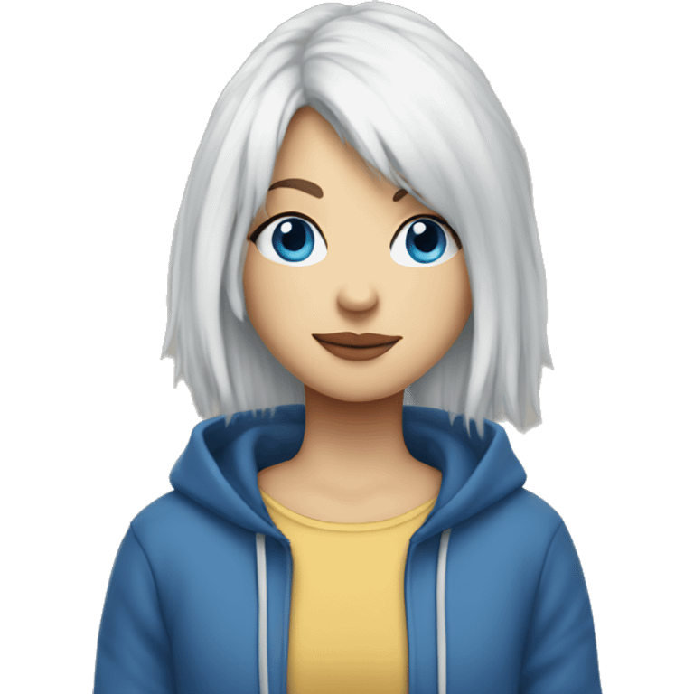 white hair, pony tail, with curtain bangs, blue eyes, wearing hoodie but worn down emoji