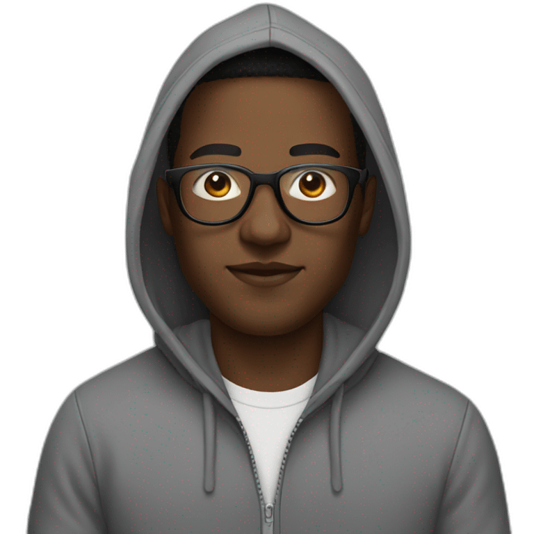 Black man wearing a grey hoodie that is unzipped with glasses emoji