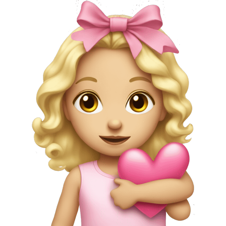 Blonde toddler girl with pink bow holding a heart emoji