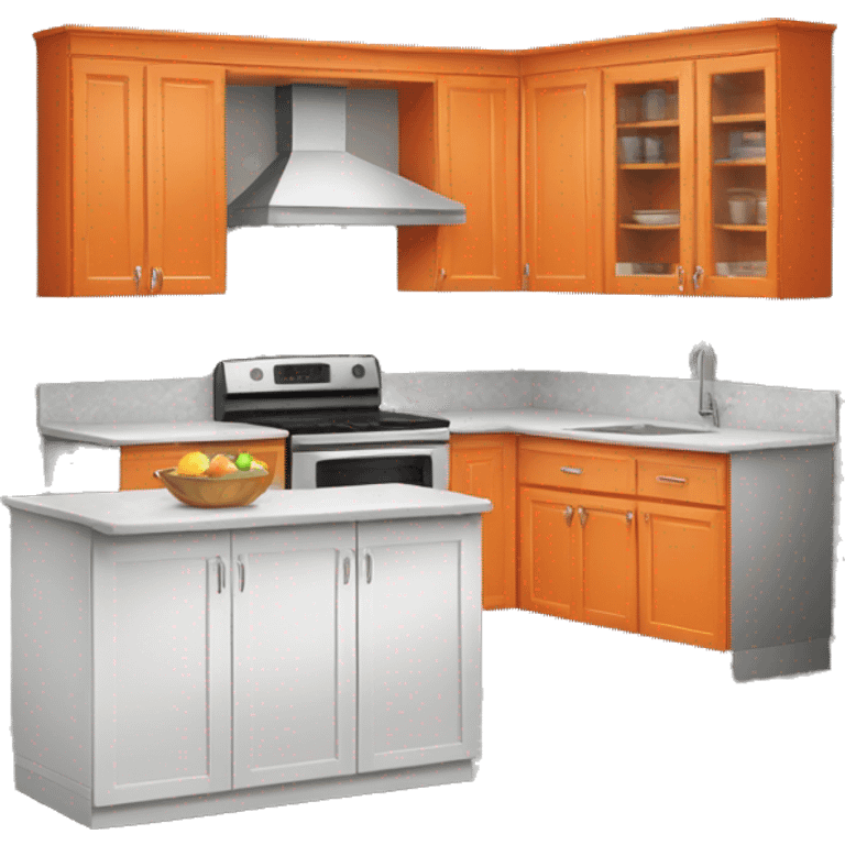 Realistic front facing orange hanging kitchen cabinets and counter.  emoji