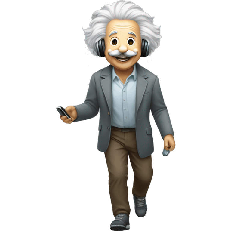 albert einstein happy listening music with just wireless headphones while walking emoji