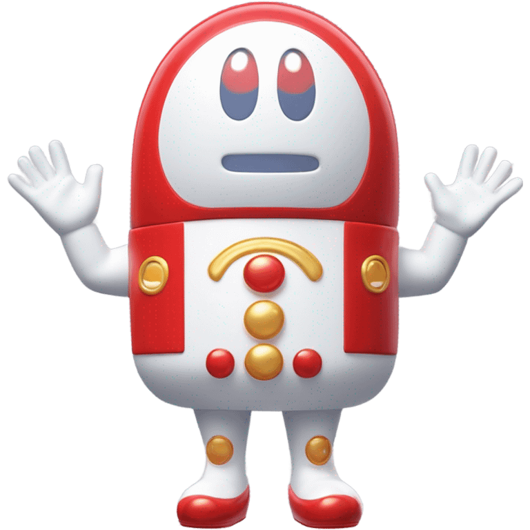 Very shiny full body character with pill capsule head with retro antennae and jetsons aesthetic sailor moon eyes  puffy body and welcoming waving arms Japanese animation inspired Anpanman with big boots and antennae red and white colors only emoji