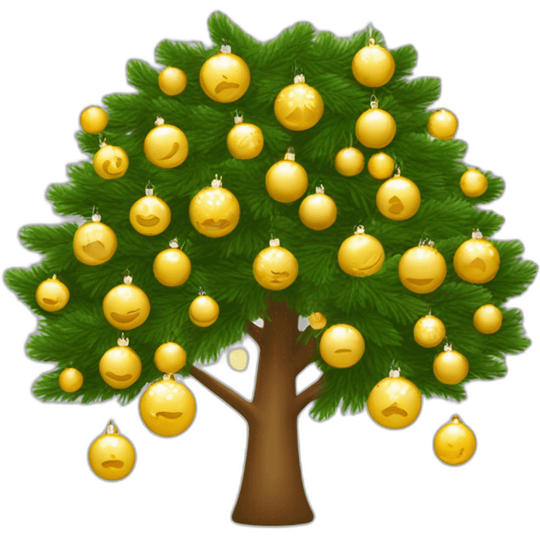 árbol de navidad con esferas color dorado y luces blancas con "feliz Navidad" emoji