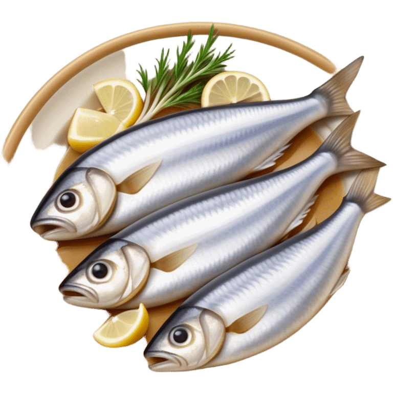 Cinematic Realistic Herring Dish Emoji, showcasing a traditional preparation of fresh herring with onions rendered with lifelike detail and cool, crisp lighting. emoji