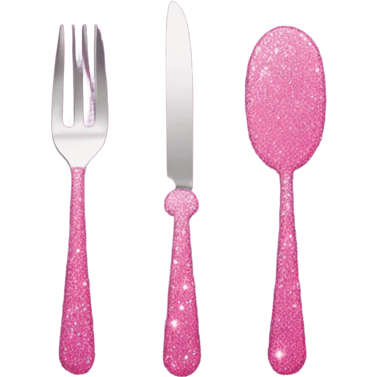 Pink knife, fork, and spoon with glitter  emoji