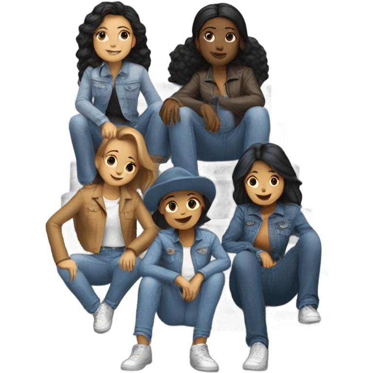 friends hanging out on stairs in denim outfits emoji