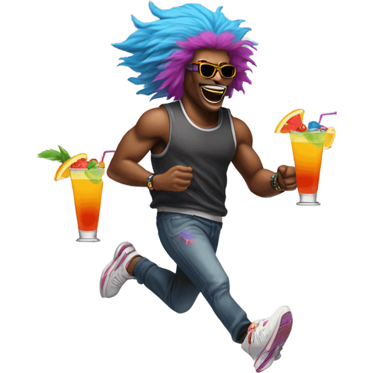 Wolves wearing a wig and sneakers running with a cocktail emoji