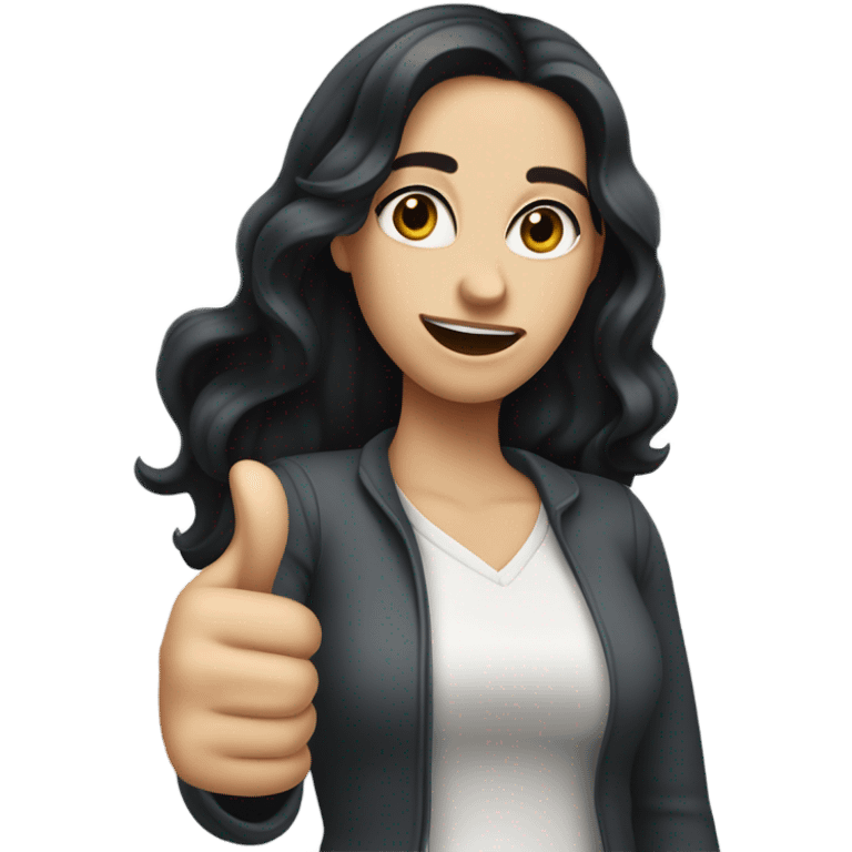 White skinned woman with long wavy black hair and big hazel eyes giving sarcastic thumbs up emoji