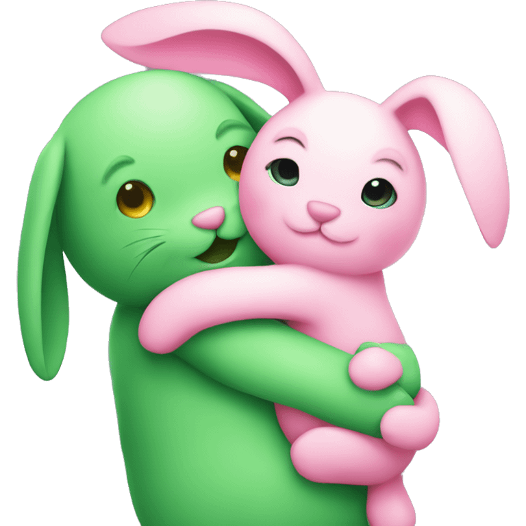 Green bunny hugging pink bunny emoji