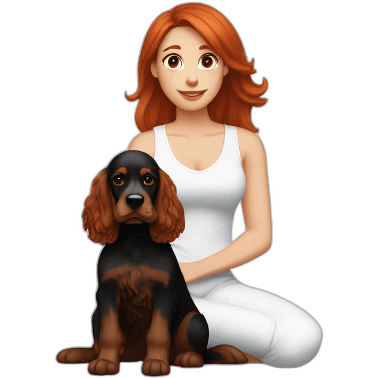 Red hair woman in white singlet sitting black and brown english cocker spaniel on her lap emoji