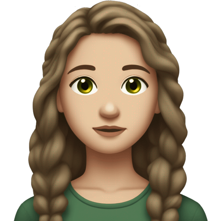 a Woman with Brown hair, long hair, Dark Green eyes, White, 17 Years Old, Squinted Downturned eyes, Hair Almost Covering One Eye, Side Parted Hair, Soft Eyes, Downturned Eyes, Equilian Nose, Roman Nose, Full Body, Freckles emoji