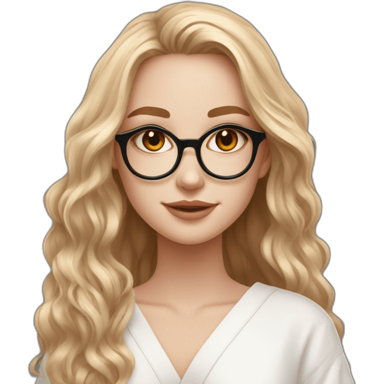 Beautiful white skin teenage girl very long wavy flax colored hair amber eyes rose gold round glasses white shirt black robe emoji