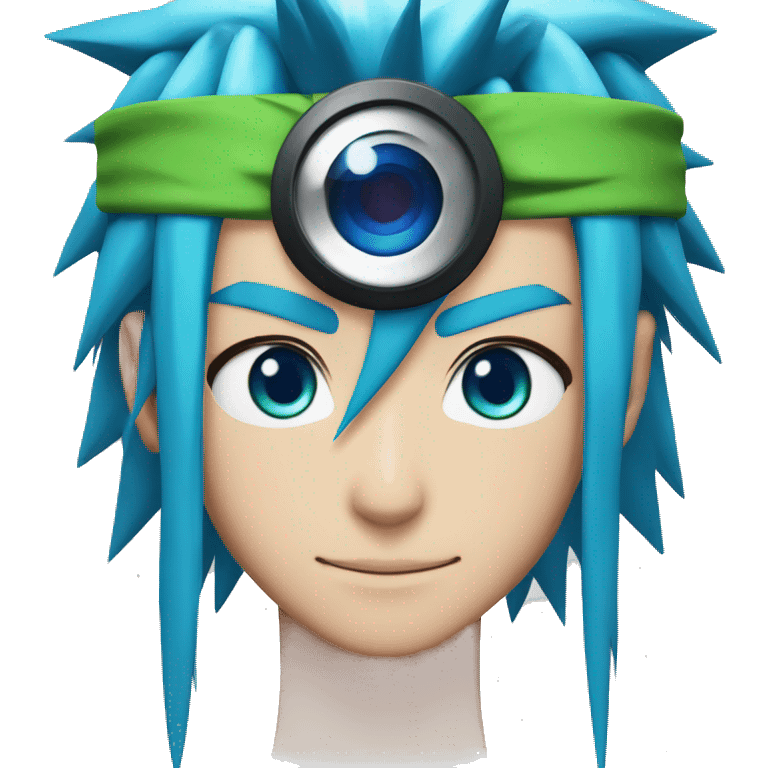 naruto character with extreme long bright blue hair, head band and green sharingan eyes emoji