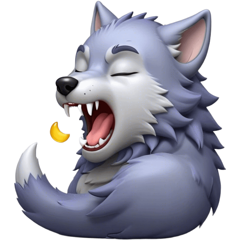 Cinematic Cute Yawning Werewolf Portrait Emoji, with a cuddly, miniature lupine form in soft moonlit grays and silvers, head leaning back in a big, adorable yawn that reveals a few fuzzy teeth, simplified yet irresistibly charming, highly detailed with a soft glowing outline that captures the drowsy, playful essence of a werewolf mid-nap! emoji