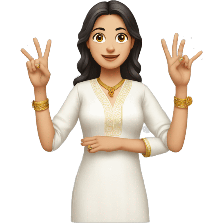 A lady with white kurti showing three fingers in one hand emoji