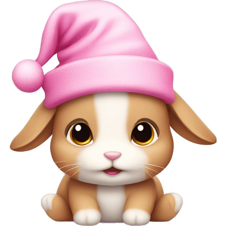 A pink little cute bunny wearing a little cute pink Christmas hat emoji