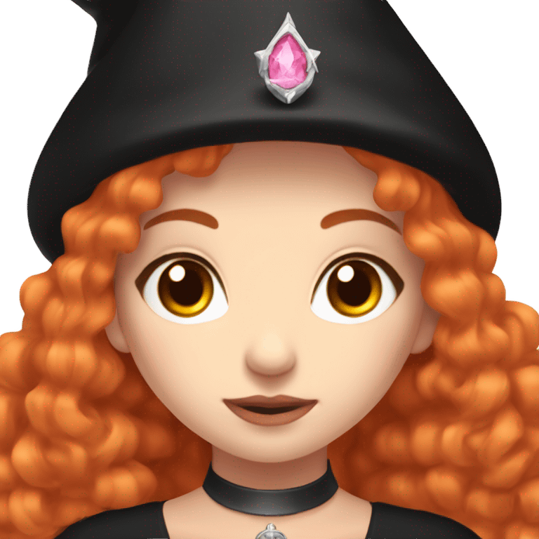 pale young witch wearing a low cut black dress, a pink crystal necklace, and a witch hat, with red hair (Orange) and bright brown eyes, making prayer hand emoji