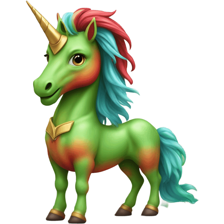 four-legged red unicorn a green amazon alien woman, on a unicorn emoji