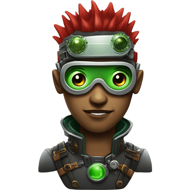 Male cyborg with thin red Mohawk and green steampunk goggles emoji